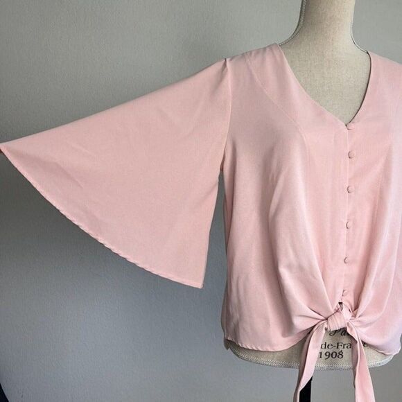 Womens Baby Pink Button Up V Neck Summer Loose Blouses Wide Flare Sleeves Large - Picture 4 of 11